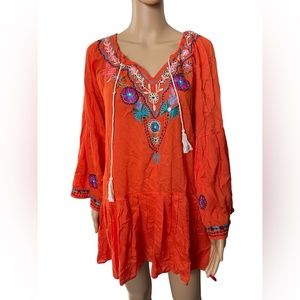 Lakhays Orange Indie Boho Hippie Embroidered Floral Bell Sleeve Tunic Dress Top